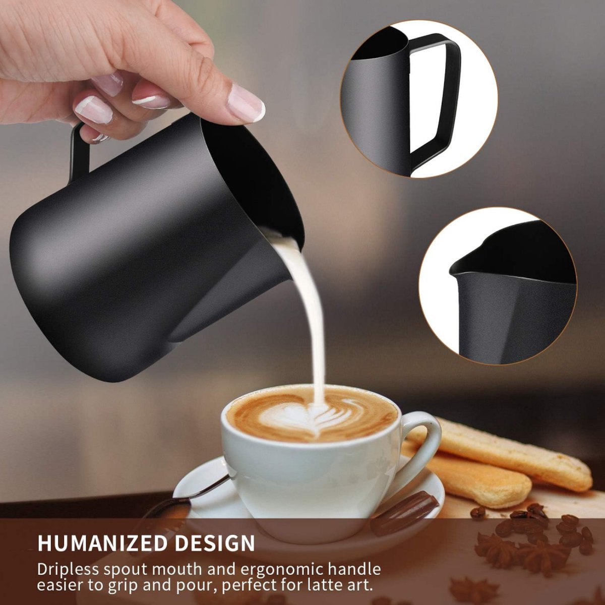 Milk frothing pitcher - Stainless Steel - Small milk jug - Milk pitcher - Milk frothing pitchers - Milk-Coffee frothing pitcher - 350ml - Espresso machine - Barista - Making coffee - Coffee - For making cappuccino-espresso - Black