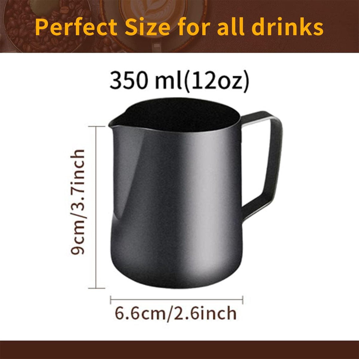 Milk frothing pitcher - Stainless Steel - Small milk jug - Milk pitcher - Milk frothing pitchers - Milk-Coffee frothing pitcher - 350ml - Espresso machine - Barista - Making coffee - Coffee - For making cappuccino-espresso - Black