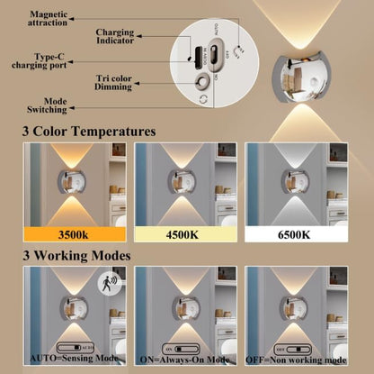 Indoor Wall Lamp - Night Light with Motion Sensor - Wireless LED Wall Light - Rechargeable Wall Lamp - Stair Lighting - Closet Lighting - Bedroom Lamp - USB Rechargeable - Magnetic - Warm White Light - White - 1 Piece