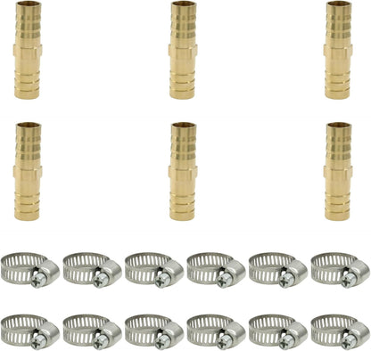 6Pcs Brass Hose Barb Fitting, 1/2" to 1/2" Barb Splicer Mender Hose Fittings Brass Hose Barb Adapter with Pipe Hose Clamp for Air Water Fuel Oil