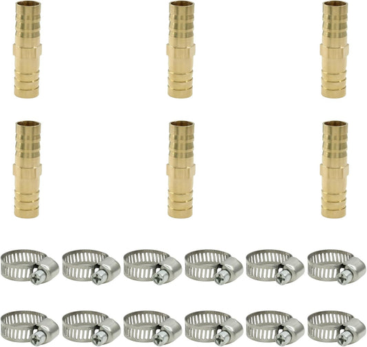 6Pcs Brass Hose Barb Fitting, 1/2" to 1/2" Barb Splicer Mender Hose Fittings Brass Hose Barb Adapter with Pipe Hose Clamp for Air Water Fuel Oil