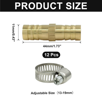 6Pcs Brass Hose Barb Fitting, 1/2" to 1/2" Barb Splicer Mender Hose Fittings Brass Hose Barb Adapter with Pipe Hose Clamp for Air Water Fuel Oil