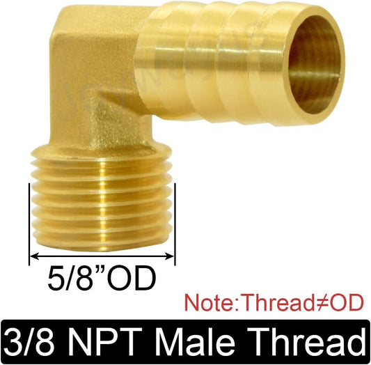 Brass Hose Fitting, 90 Degree Elbow, 1/2" Barb x 3/8" NPT Male Pipe Water/Fuel/Air (Pack of 2)