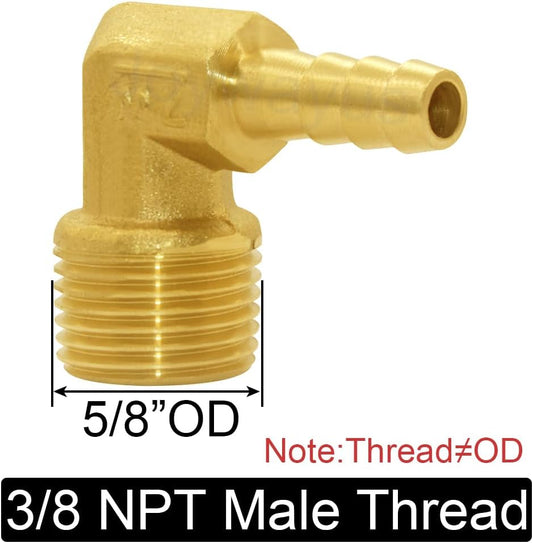 Brass Hose Fitting,90 Degree Elbow,1/4" Barb x 3/8" NPT Male Pipe Water/Fuel/Air (Pack of 2)