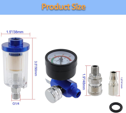 Air Pressure Regulator Oil Water Separator, Air Filter with Pressure Gauge,Coupler and Plug G1/4" Inlet and Outlet for Spray Gun
