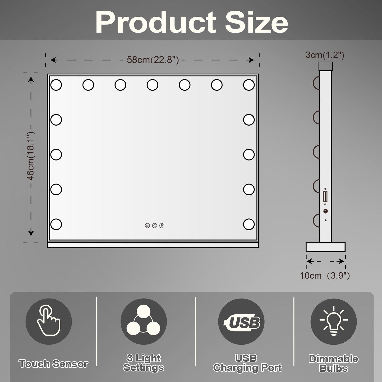Hollywood LED Vanity Mirror Rectangle White Silver Wall Mirror